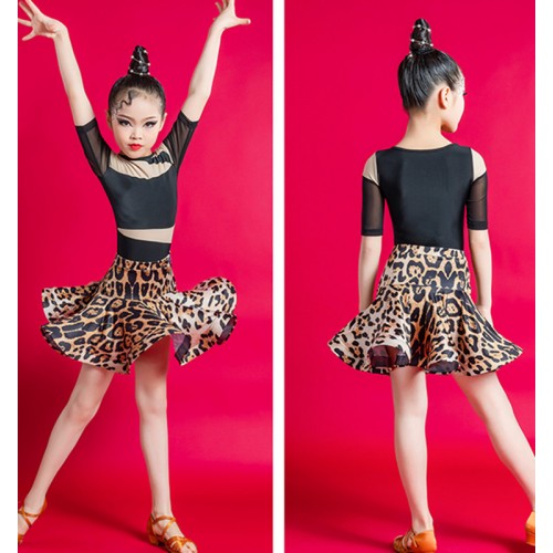 Girls Leopard Latin Dance Dresses kids latin performance clothing modern salsa rumba chacha dance outfits for children